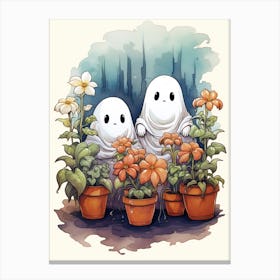 Cute Bedsheet Ghost, Botanical Halloween Watercolour 149 Canvas Print