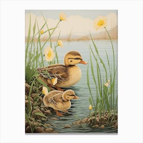 Ducklings In The Flowers Japanese Woodblock Style 3 Canvas Print