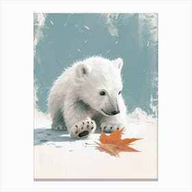 Polar Bear Cub Playing With A Fallen Leaf Storybook Illustration 3 Canvas Print