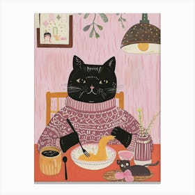 Black Cat Eating Pasta Folk Illustration 4 Canvas Print