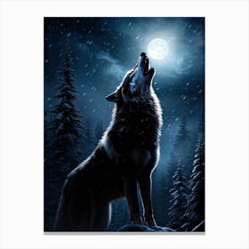 Howling Wolf Center Frame Midnight Wilderness Backdrop Full Moon Casting Silver Illumination Thro (4) Canvas Print