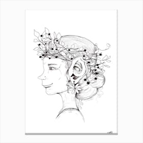 Black and White Pixie with Flowers Canvas Print