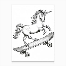 Unicorn On A Skateboard Black And White Doodle 1 Canvas Print