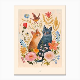 Folksy Floral Animal Drawing Cat Poster Canvas Print