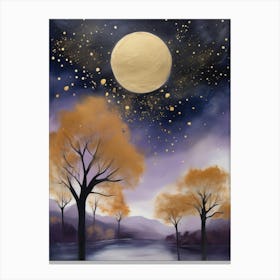 Cosmic Fall Night،
An ethereal boho painting that captures the beauty of a fall night sky. The background is a deep navy, speckled with tiny stars, while the foreground features silhouettes of autumn trees in shades of charcoal and dark olive. The moon is painted in a glowing silver, surrounded by soft wisps of mist in pale gold and lavender.
.10 Canvas Print