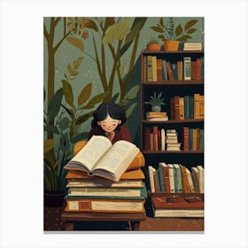 Girl Reading Book In The Library Canvas Print