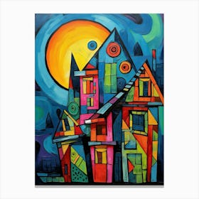 Fairytale House at Night 5, Abstract Vibrant Colorful Cubism Style Canvas Print