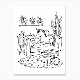 A Unicorn Black & White Doodle Relaxing On The Sofa 1 Canvas Print