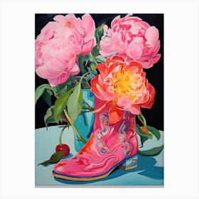Oil Painting Of Hydrangea Flowers And Cowboy Boots, Oil Style 2 Canvas Print