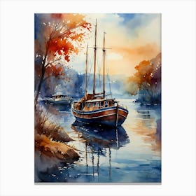 Watercolor Of A Boat On The River Canvas Print