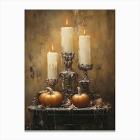 Three Candles And Pumpkins Canvas Print