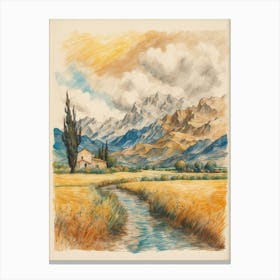 Landscape With Stream And Mountains Canvas Print