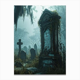 An Eerie Signboard Covered In Peeling Paint Sits Rusted At The Entrance Of An Abandoned Cemetery Shr (7) Canvas Print