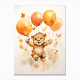 Lion Flying With Autumn Fall Pumpkins And Balloons Watercolour Nursery 3 Canvas Print