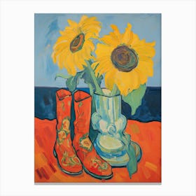 Painting Of Sunflower Flowers And Cowboy Boots, Oil Style 2 Canvas Print