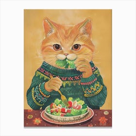 Brown Cat Eating Salad Folk Illustration 2 Canvas Print