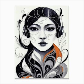 Asian Girl With Headphones Canvas Print