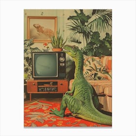 Retro Collage Dinosaur Watching Tv 2 Canvas Print