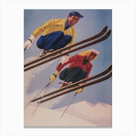 Two Skiers In The Air Vintage Ski Poster Canvas Print