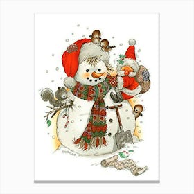 Snowman With Little Santa Claus Canvas Print