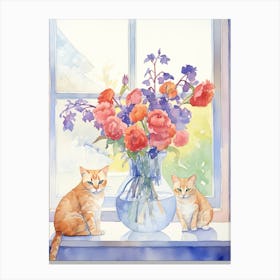 Cat With Sweet Pea Flowers Watercolor Mothers Day Valentines 3 Canvas Print