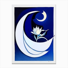 Crescent Moon And 1, Lotus Symbol Blue And White Line Drawing Canvas Print