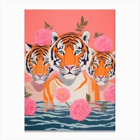 Three Tigers With Roses Canvas Print