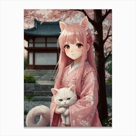 Asian Girl With Cat Canvas Print