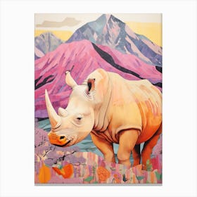 Patchwork Floral Rhino With Mountain In The Background 4 Canvas Print