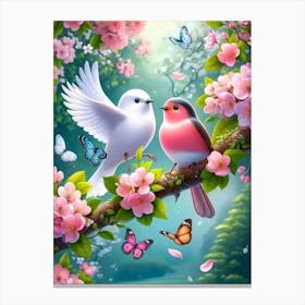 Two Birds Perched On A Branch 1 Canvas Print