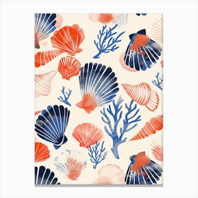 Minimalistic Blue And Red Seashells Canvas Print