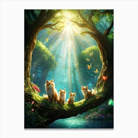 Playful Magical Creatures With Fluffy Fur Cavorting In An Enchanted Forest With Dappled Sunlight Fi Canvas Print