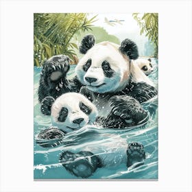 Giant Panda Family Swimming In A River Storybook Illustration 3 Canvas Print