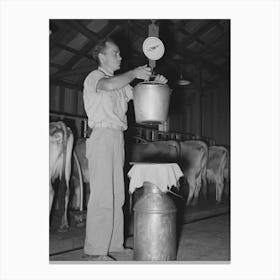 Weighing The Milk,Dairy Farm, Lake Dick Project, Arkansas Daily Production Record Of Each Cow Is Kept By Russell Canvas Print