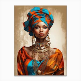 Beautiful And Sexy Black Woman In Blue and Orange with Gold Accessories Illustration 6 Canvas Print