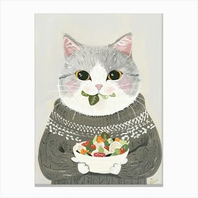 Cute Grey Cat Eating Salad Folk Illustration 2 Canvas Print