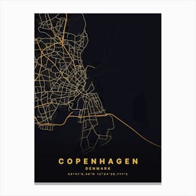 Copenhagen Denmark Black And Gold Map Canvas Print