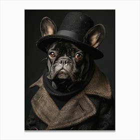 Black French Bulldog with clothes and hat Canvas Print