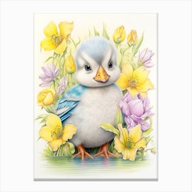 Floral Duckling Detailed Pencil Illustration 3 Canvas Print