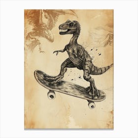 Vintage Deinonychus Dinosaur On A Skateboard   3 Canvas Print