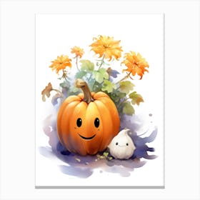 Cute Ghost With Pumpkins Halloween Watercolour 146 Canvas Print