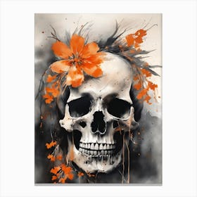 Abstract Skull Orange Flowers Painting (6) Canvas Print