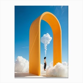 Cumulus Clouds Morph Into An Abstract Cartoon Style Portal Where A Solitary Figure Levitates Their (2) Canvas Print