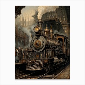 Steampunk Locomotive Victorian London Station Backdrop Gustav Dore Style Etching Adorned With Bra Canvas Print