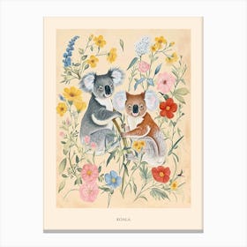 Folksy Floral Animal Drawing Koala Poster Canvas Print