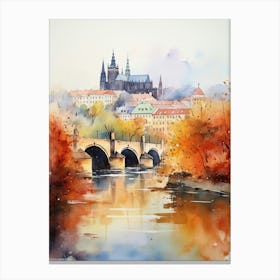 Prague Czech Republic In Autumn Fall, Watercolour 3 Canvas Print