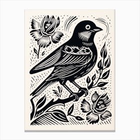 B&W Bird Linocut Sparrow 1 Canvas Print