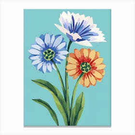 Three Flowers On A Blue Background Canvas Print