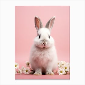 White Rabbit With Daisies On Pink Background Canvas Print