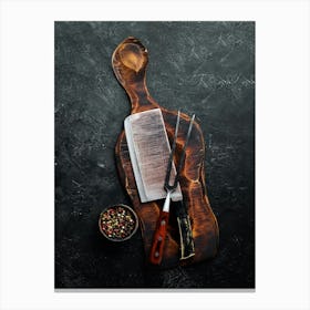 Chopping board & knife — Food kitchen poster/blackboard, photo art Canvas Print